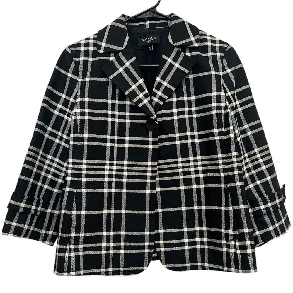 Talbots Women's Blazer Size 6 Petite Window Pane Check Black White 3/4 Sleeve